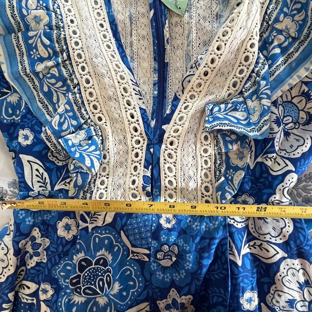 Farm Rio Floral Linen Jumpsuit Tropical Puff Sleeve Women Medium NWT Blue White - Picture 7 of 10